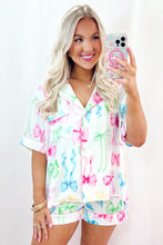 White Bowknot Print Buttoned Shirt High Waist Shorts Pajama Set