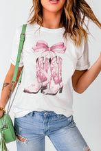 White Western Boots Bow Knot Print Crew Neck T Shirt