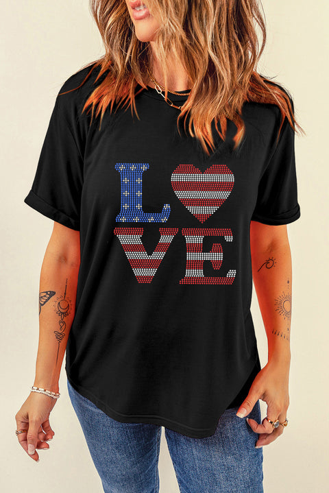 Black Rhinestone USA Flag Stripes and Stars LOVE Graphic T Shirt