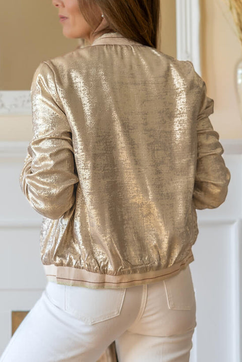 Pale Khaki Metallic Zip up Baseball Jacket