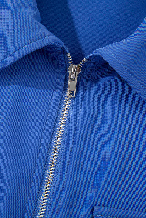 Dusk Blue Collar Tab Sleeve Zip Up Flap Detail Jacket