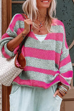 Rose Striped Colorblock Knit V Neck Loose Fit Sweater