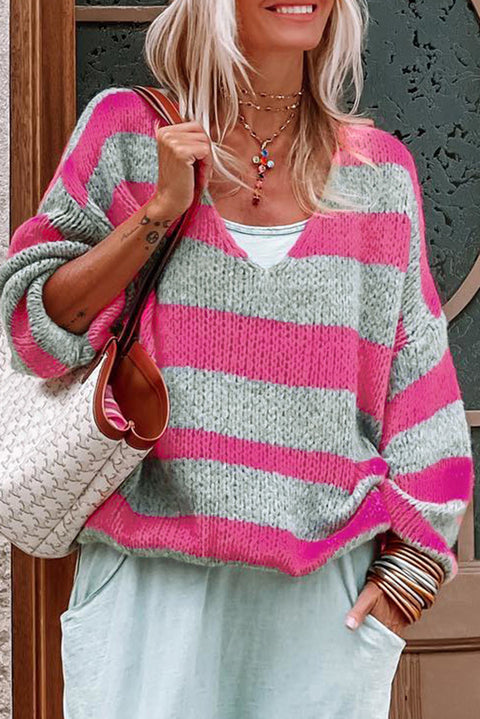 Rose Striped Colorblock Knit V Neck Loose Fit Sweater