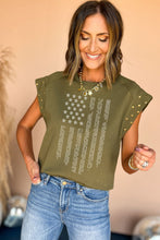 Guacamole Green Rhinestone Stars Stripes Graphic Studded Sleeve Tee