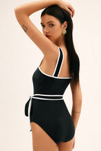 Black Colorblock Edge Belted One Piece Swimsuit