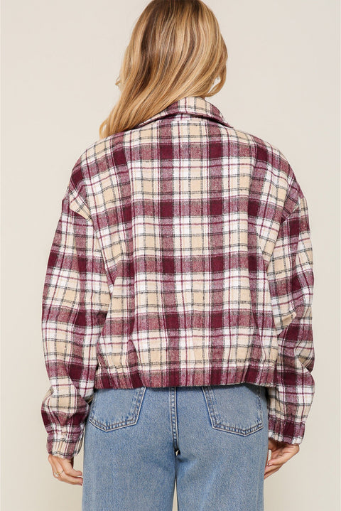 Multicolor Plaid Print Turn Down Collar Zip-up Jacket