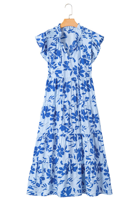 Sky Blue Floral Print Tiered Frilled Trim Flutter Sleeve Maxi Dress