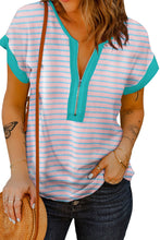 Pink Stripe Contrast Trim Half Zip Short Sleeve Top