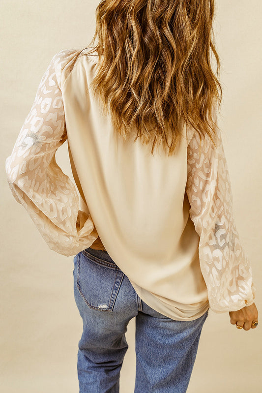 Beige Leopard Mesh Bubble Sleeve Split Neck Blouse