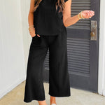 Color black Textured Knit Cap Sleeve T Shirt and Wide Leg Pants Set