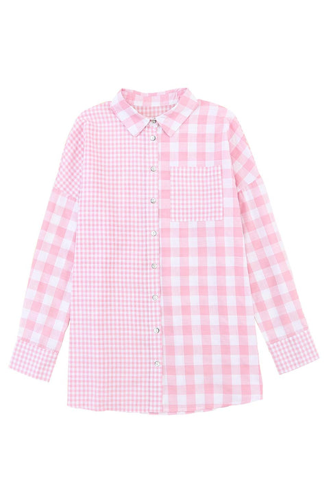 Camisa de manga larga con patchwork a cuadros de mezcla rosa