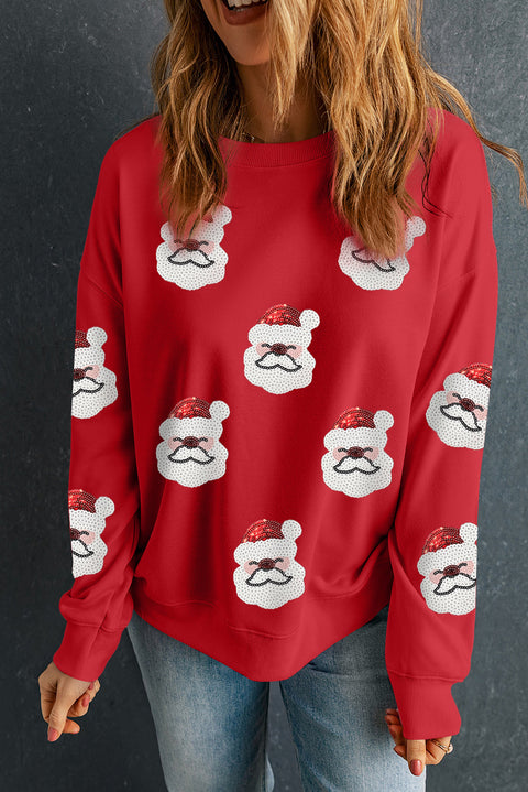 Red Sequin Santa Clause Patched Christmas Pullover Sweatshirt