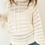 White Pointelle Knit Raglan Sleeve Hooded Sweater