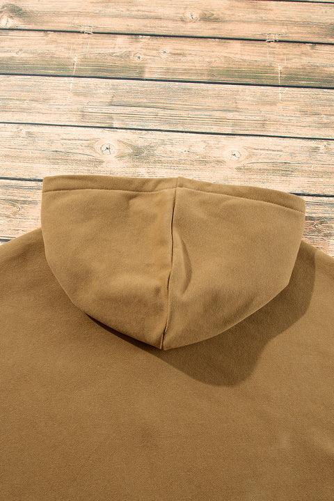 Brown Fleece Lined Half Zipper Kangaroo Pockets Loose Hoodie