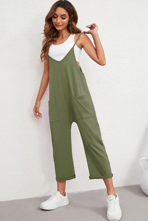 Pocketed Adjustable Spaghetti Strap Straight Leg Jumpsuit