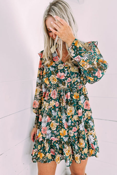 Green Buttoned Bodice Ruffled Floral Dress