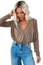 khaki Wrap V Neck Pleated Long Sleeve Bodysuit