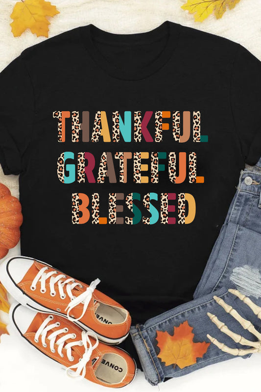 Black Thankful Grateful Blessed Leopard Print Crewneck T Shirt