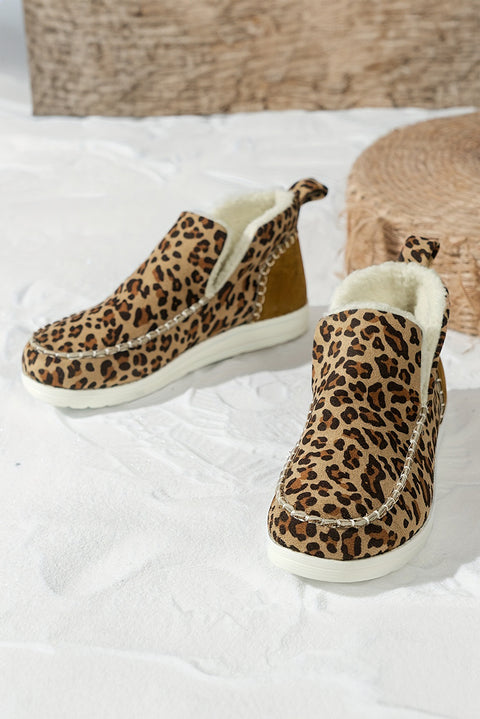 Brown Leopard Print Ankle Patched Flat Winter Fur Boots