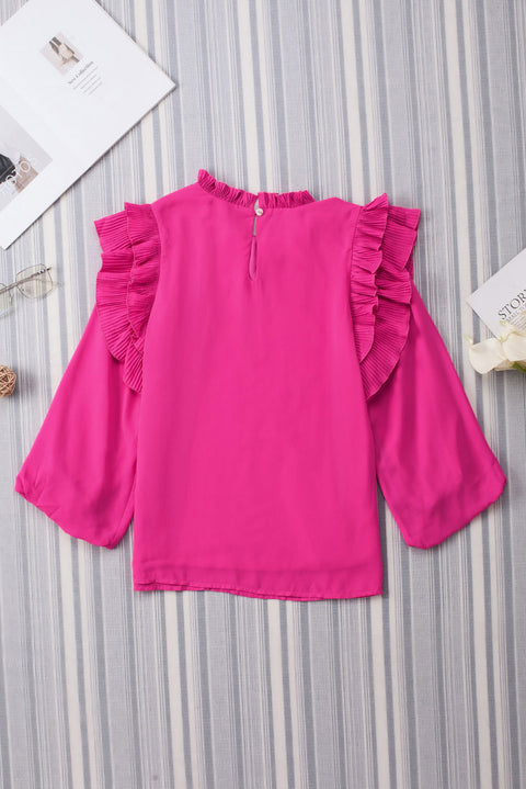 Rose Button Keyhole Back Pleated Ruffle Trim Blouse