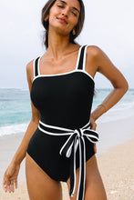 Black Colorblock Edge Belted One Piece Swimsuit