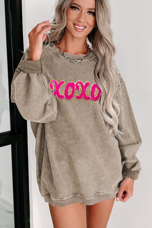 Khaki xoxo Chenille Glitter Patched Corded Crew Neck Sweatshirt