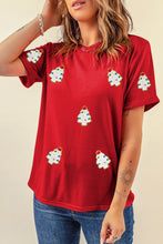 Red Christmas Tree Patched Pattern Crew Neck T Shirt