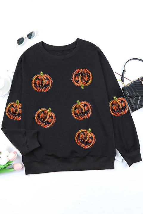 Gráfico de calabaza de Halloween con lentejuelas negras Sudadera sin capucha 