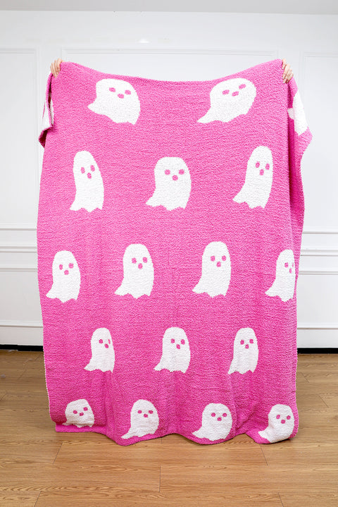 Bright Pink Two-Tone Colorblock Halloween Cute Ghost Printed Blanket