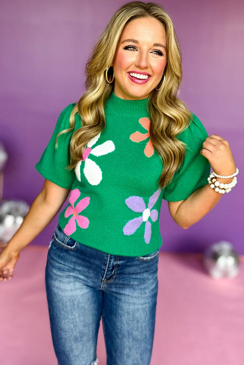 Bright Green Floral Bubble Short Sleeve Sweater