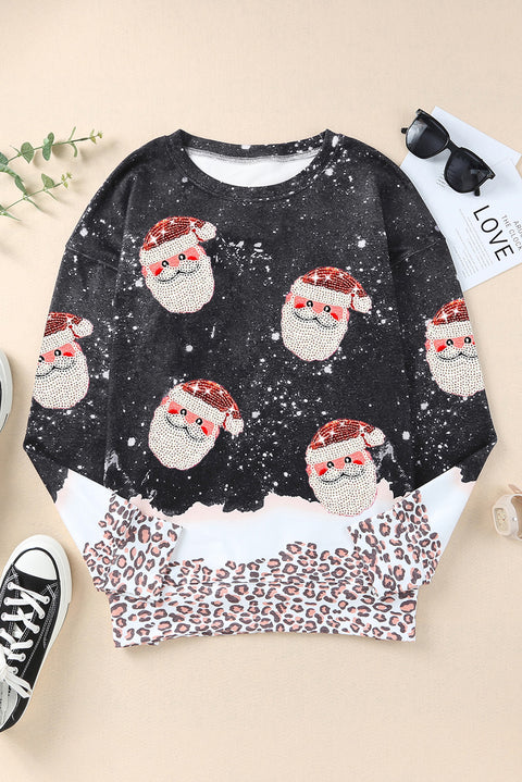 Black Leopard Sequined Santa Claus Graphic Sweatshirt