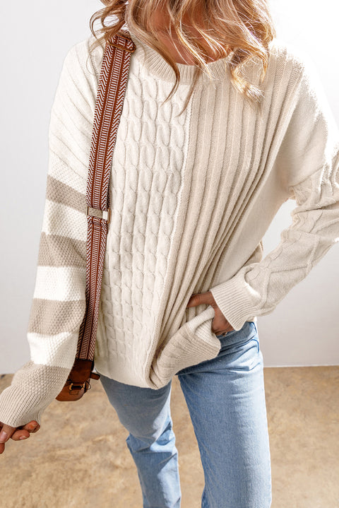 Khaki Cable Knit Colorblock Crew Neck Drop Shoulder Sweater