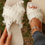 Beige Tassel Woven Crossed Straps Flat Slippers