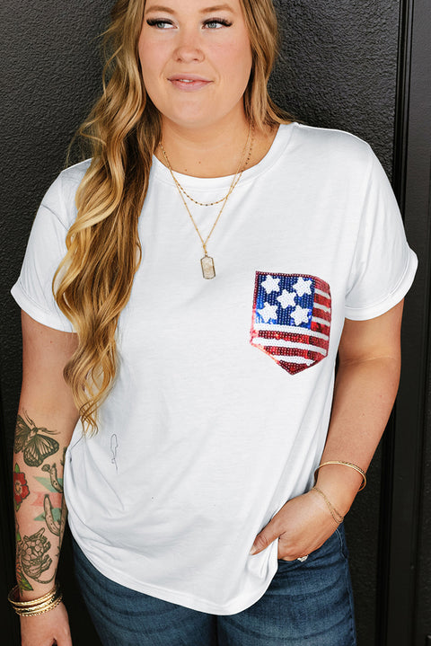 White Sequin American Flag Patched Plus Size T Shirt