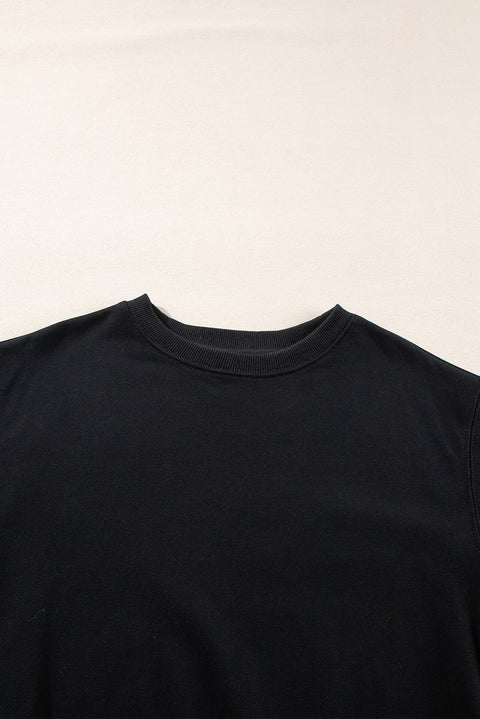 Black Plain Drop Shoulder Crewneck Pullover Sweatshirt