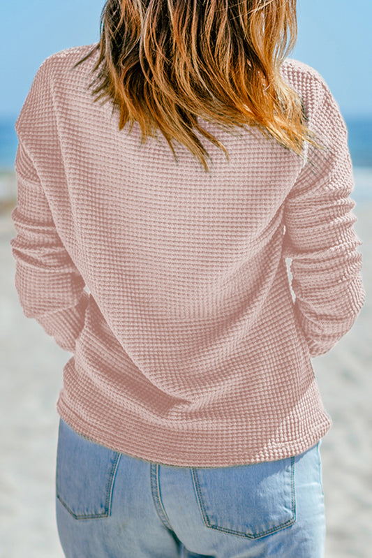 Light Pink Waffle Knit Drop Shoulder Long Sleeve Top