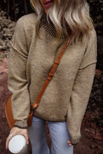 Pale Khaki Contrast Trim Mock Neck Drop Shoulder Sweater