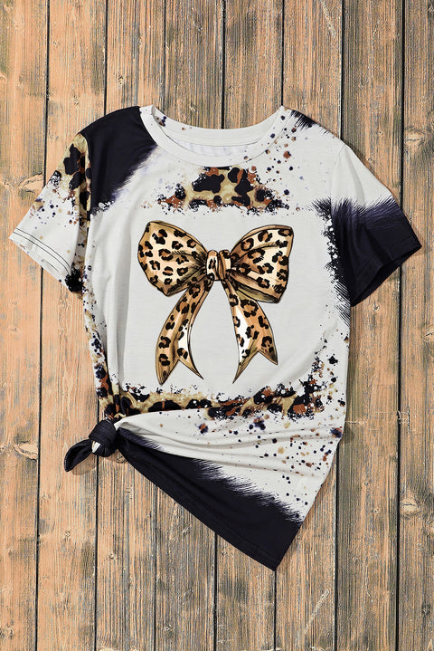 Leopard Bowknot Graphic Crewneck Casual T Shirt