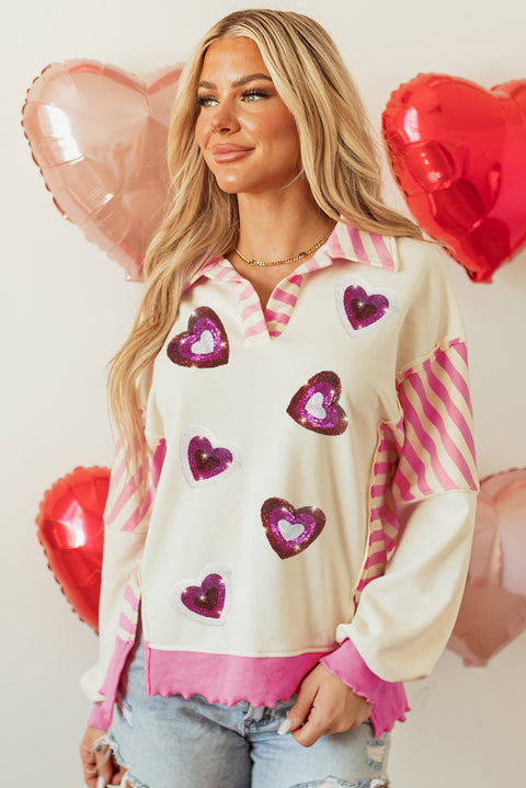 Pink Stripe Patchwork Sequin Heart Pattern Long Sleeve Collared Split Top