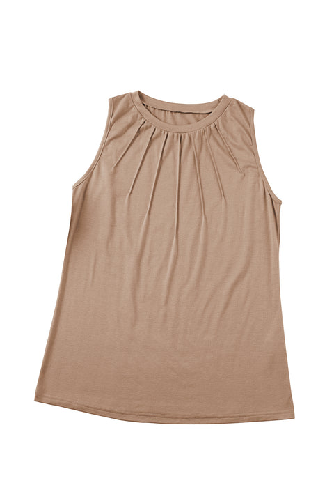 Light French Beige Pleated Detail Round Neck Tank Top