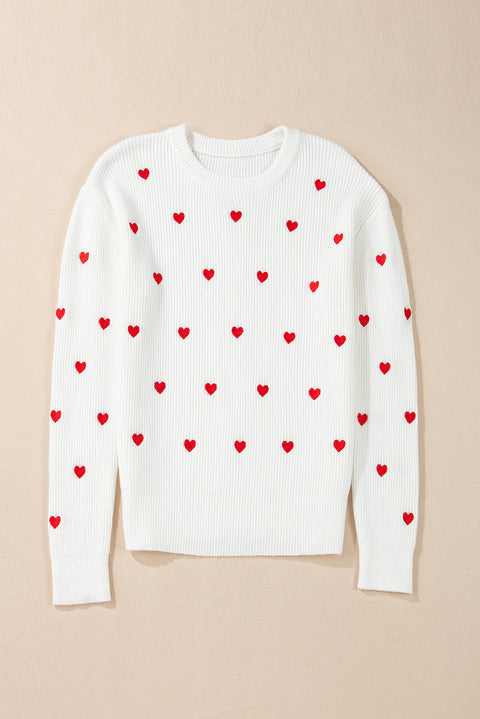 White Heart Shape Drop Shoulder Round Neck Sweater