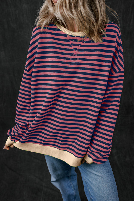 Red Stripe Oversized Contrast Trim Pullover Sweatshirt