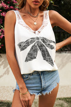 White Bow Knot Print Lace Splicing V Neck Tank Top