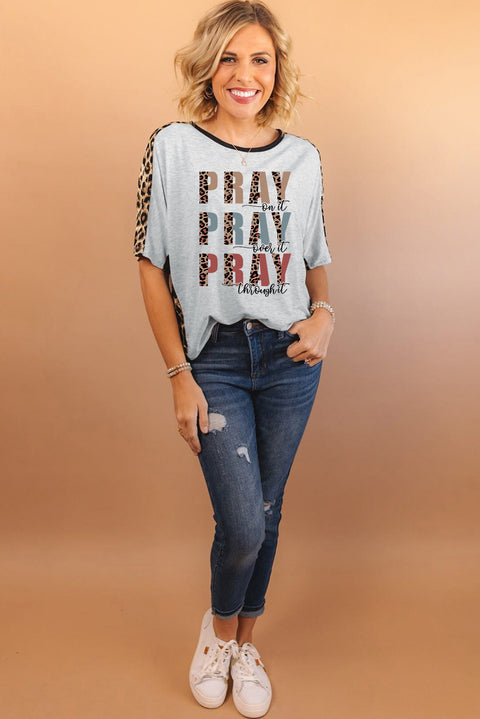 Gray PRAY Slogan Contrast Leopard Dolman Loose T Shirt