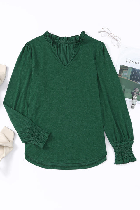 Frill V Neck Puff Long Sleeve Top