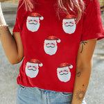 Red Sequin Christmas Claus Pattern Crewneck T Shirt