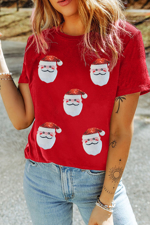 Red Sequin Christmas Claus Pattern Crewneck T Shirt