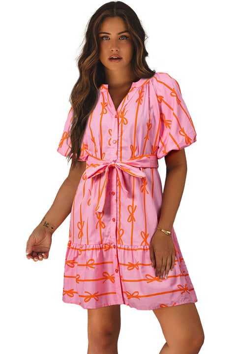 Pink Bowknot Striped Printed Bubble Sleeve Buttoned Belted Mini Dress