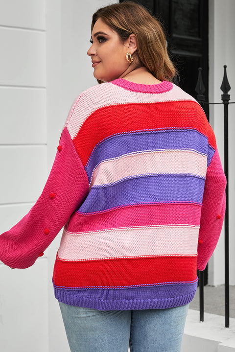 Pink Plus Size Striped Knit Pompom Puff Sleeve Sweater