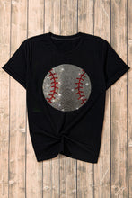 Black Rhinestone Baseball Pattern Round Neck T Shirt